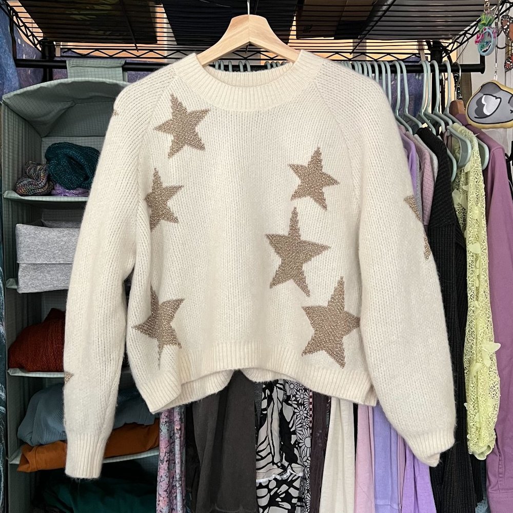 AllSaints White Raglan Alpaca Wool Jacquard Star Jumper Sweater – white and gold